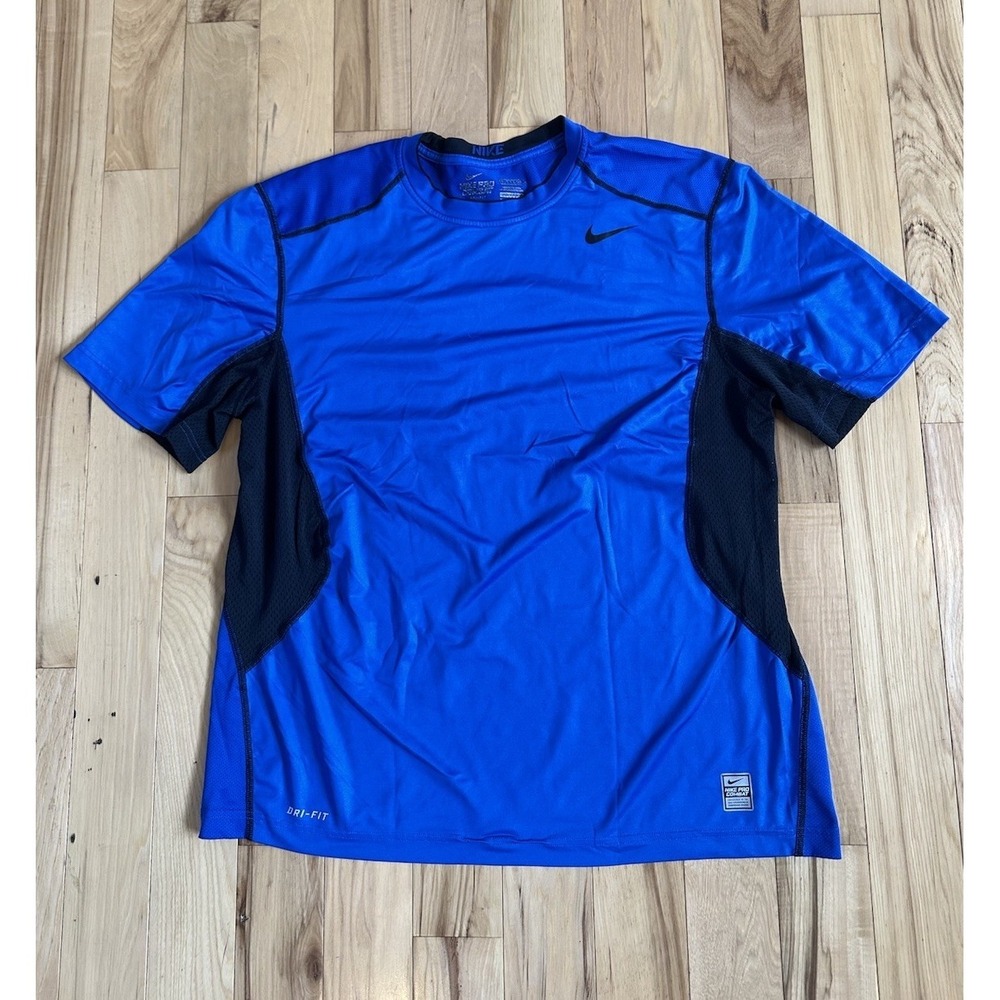 Nike Pro Combat Mens Dri-FIT Fitted Training Shirt Royal Blue Short Sleeve XL